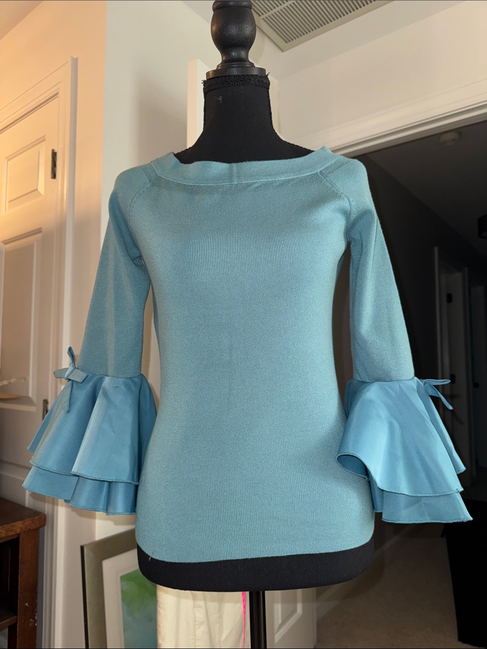 Catherine Malandrino Teal Boat-Neck Knit Top with Layered Bell Sleeves